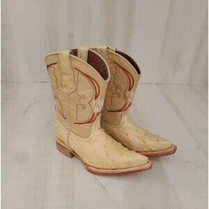 Vargas leather Pointed Toe Ostrich Print Cowboy Boots Youth Size 17 Mexico 10 US